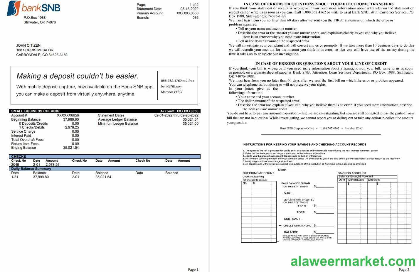 USA Oklahoma SNB bank statement 2 pages